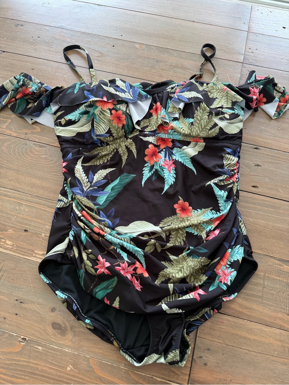 City Chic Black Tropical Floral One-Piece with Ruffle Off-Shoulder